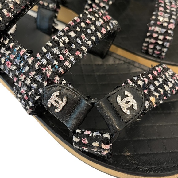 Chanel Sequin Tweed Crystal CC Dad Sandals - Picture 8 of 14